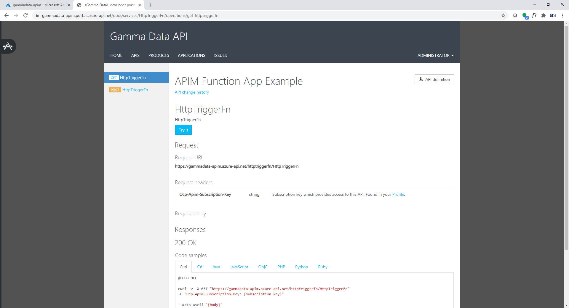 Function App API in the Dev Portal