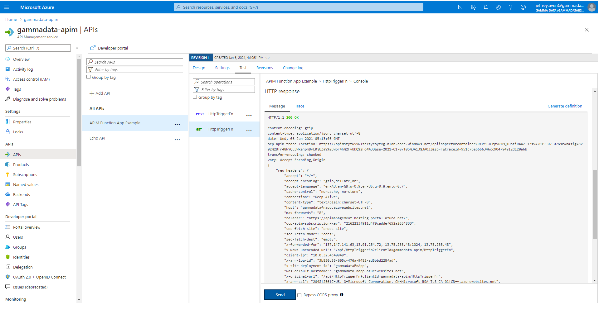 Function App API in API Management in the Azure Portal