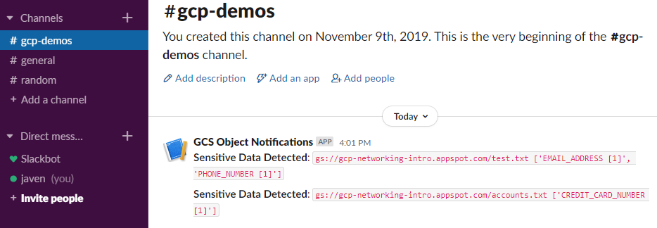 Slack Notification for Sensitive Data Detected in a Newly Created GCS Object