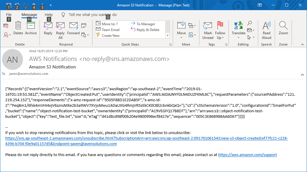 Email Notification sent via an SNS Topic Subscription